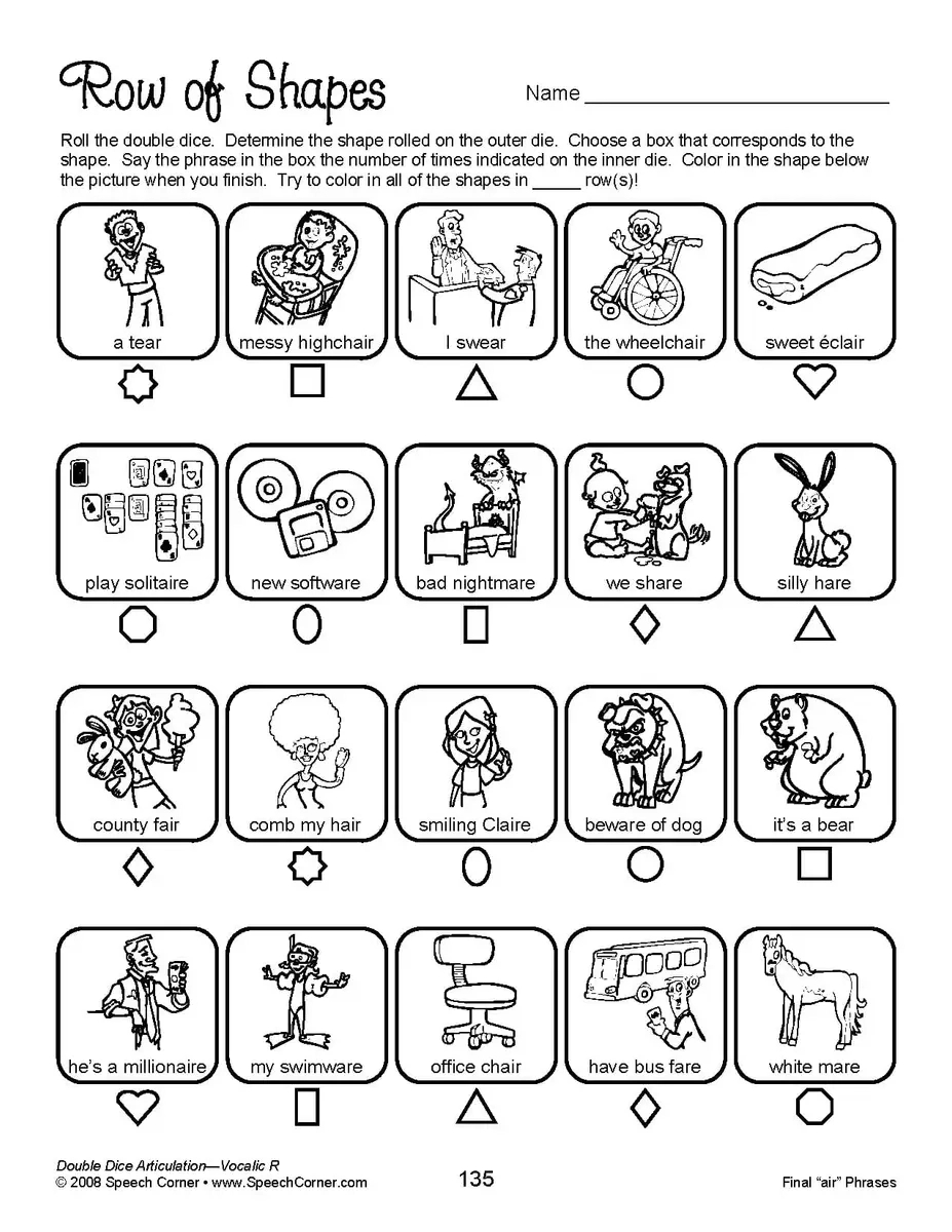 Double Dice Articulation Vocalic /R/ - Speech Corner | Free Printable Vocalic R Worksheets