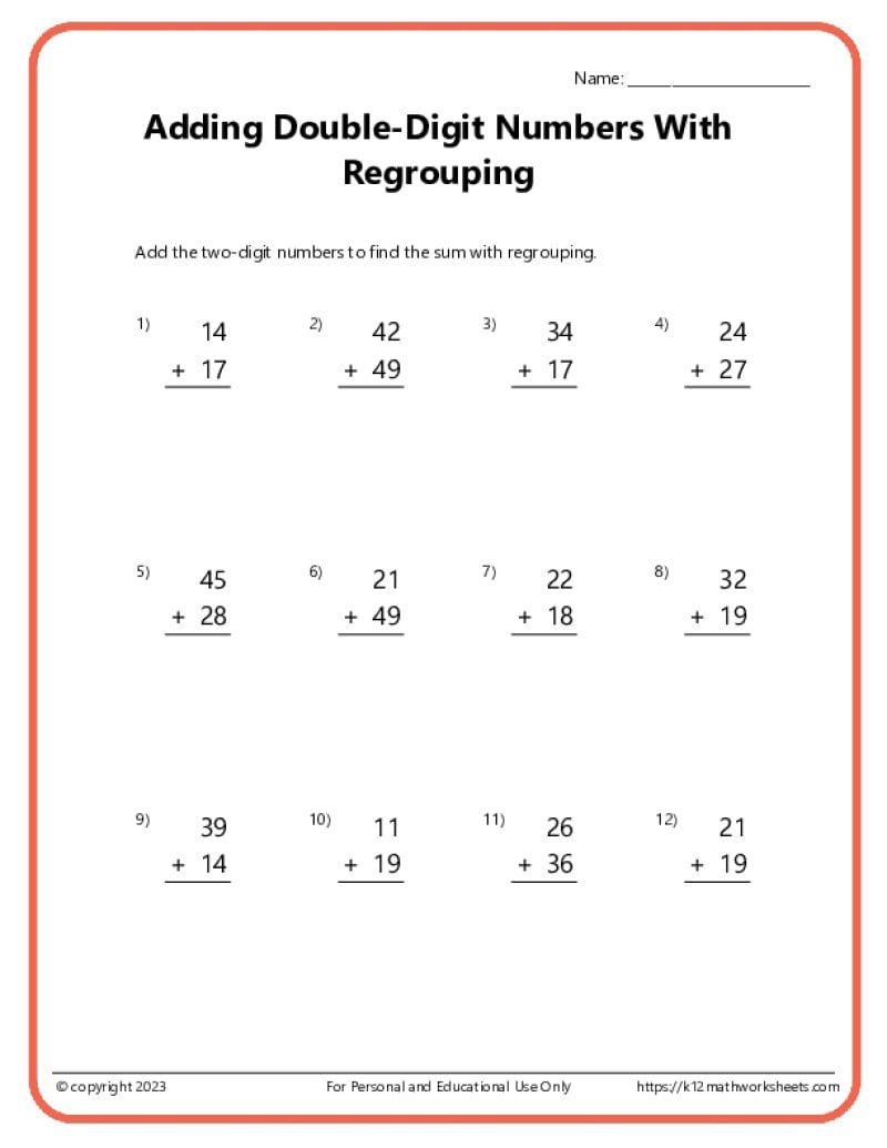 Double Digit Addition With Regrouping Worksheets | Addition With Regrouping Worksheets Free Printable
