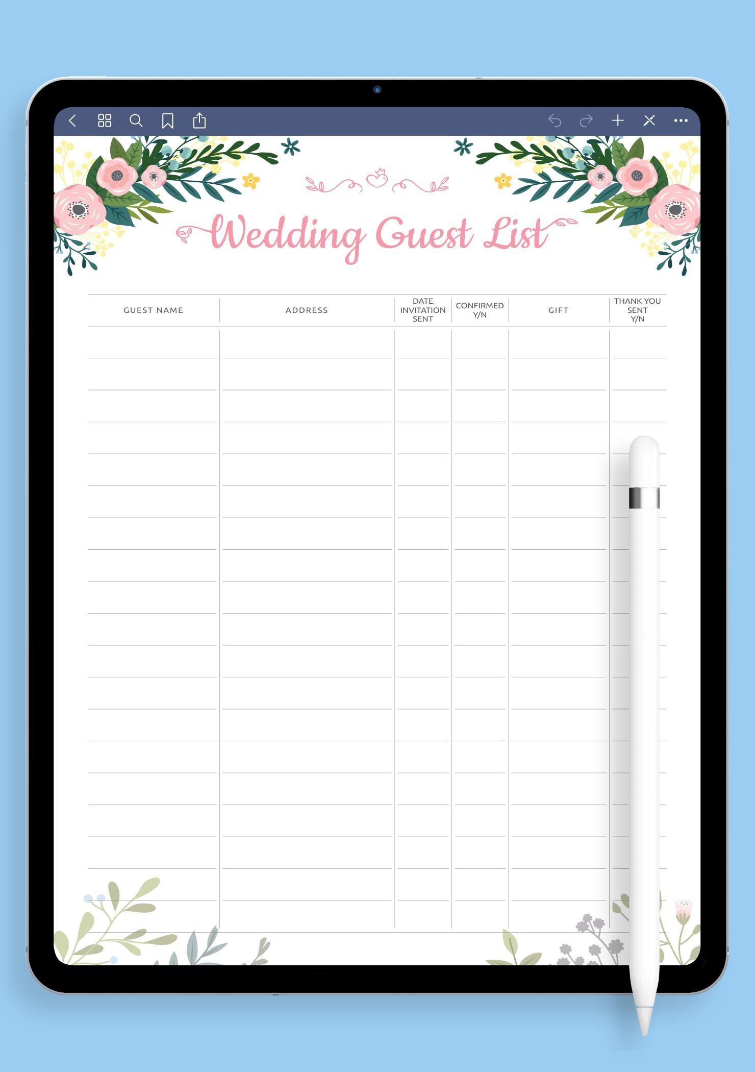 Download Printable Wedding Guest List Template With Floral Pattern Pdf | Wedding Guest List Worksheet Printable