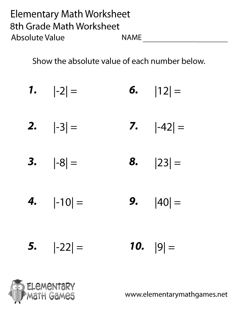 Eighth Grade Absolute Value Worksheet | Absolute Value Printable Worksheets