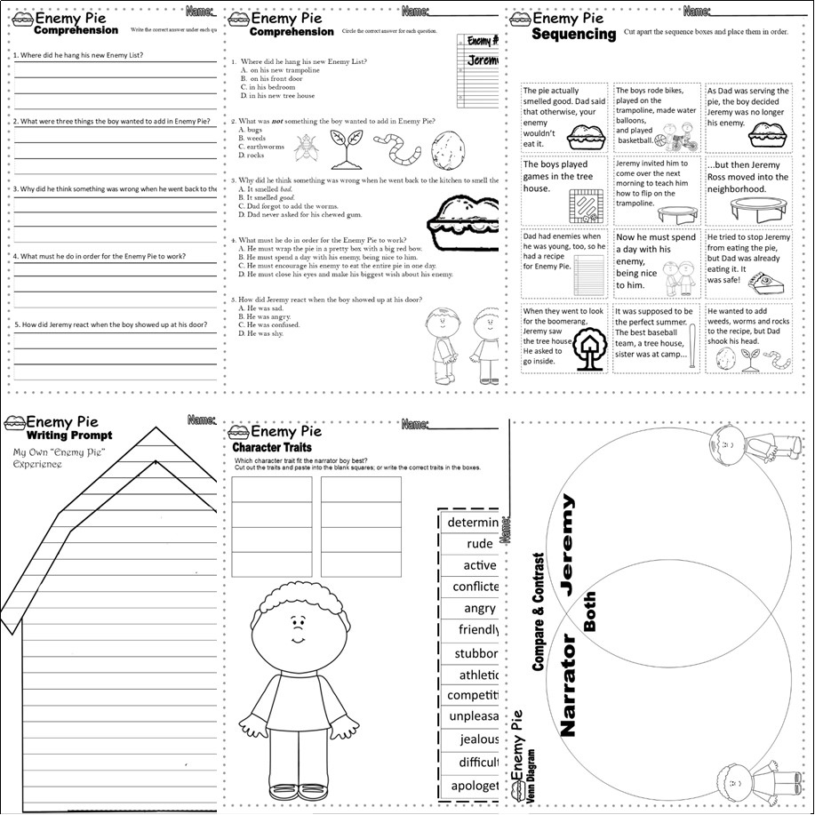 Enemy Pie Read Aloud Book Study Companion Reading Comprehension | Enemy Pie Printable Worksheet