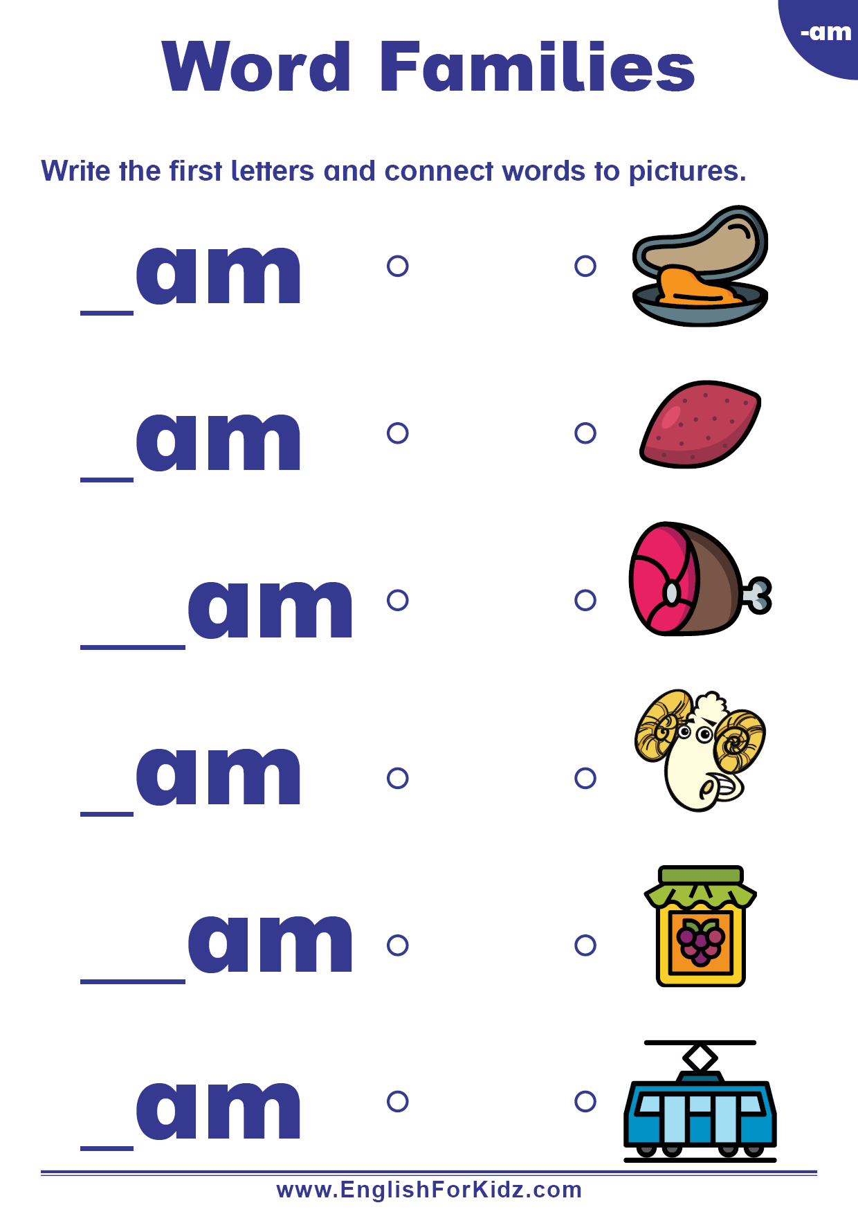 English For Kids Stepstep: Word Families Worksheets: Am Words | Printable Word Family Worksheets