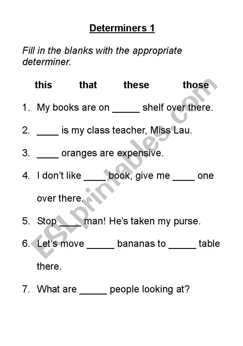 English Worksheets: Determiners 1 | Determiners Printable Worksheets