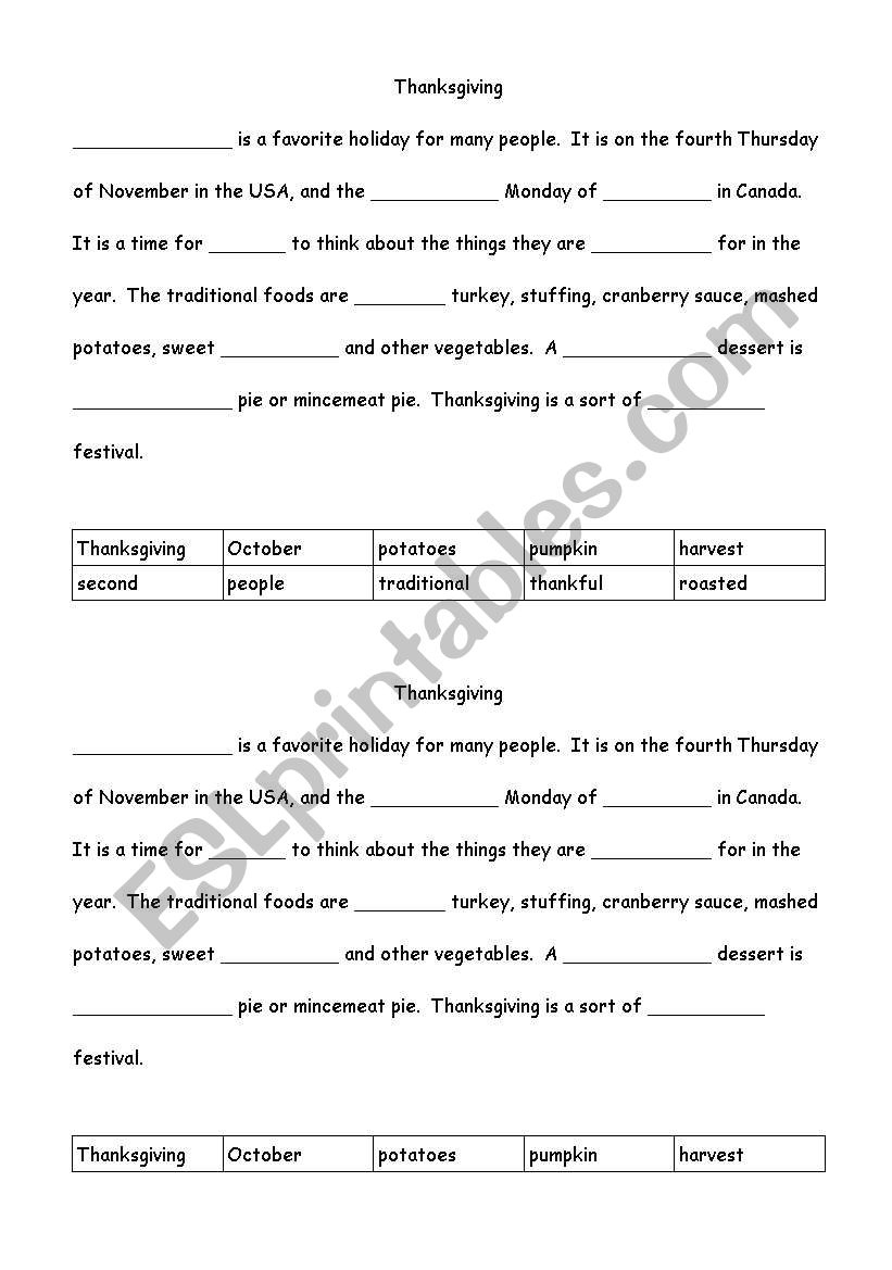 English Worksheets: Thanksgiving Cloze | Thanksgiving Cloze Worksheets