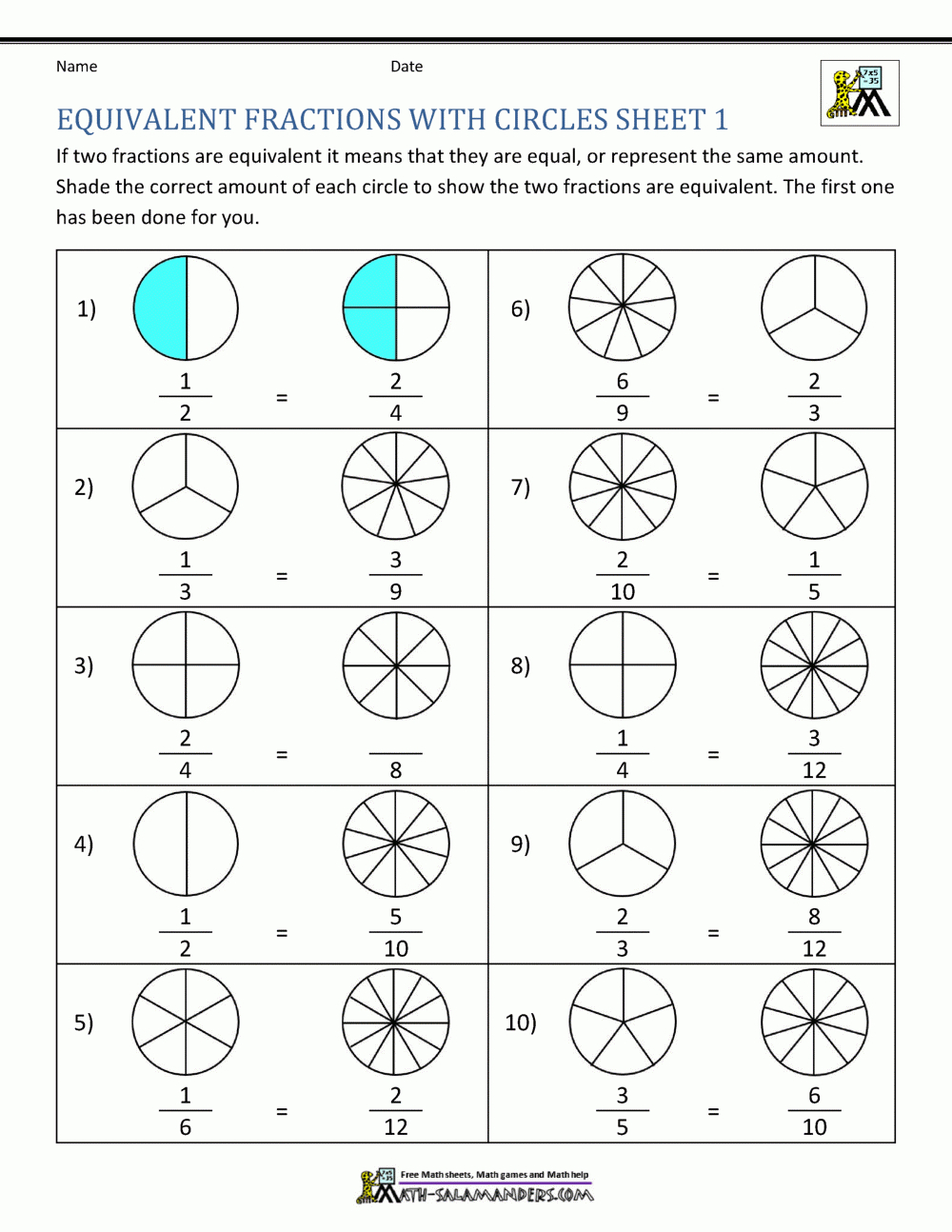 Equivalent Fractions Worksheet | Equivalent Fractions Printable Worksheets Free