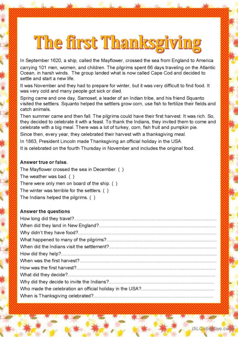 First Thanksgiving Reading For Detai…: English Esl Worksheets Pdf | First Thanksgiving Reading Comprehension Worksheet