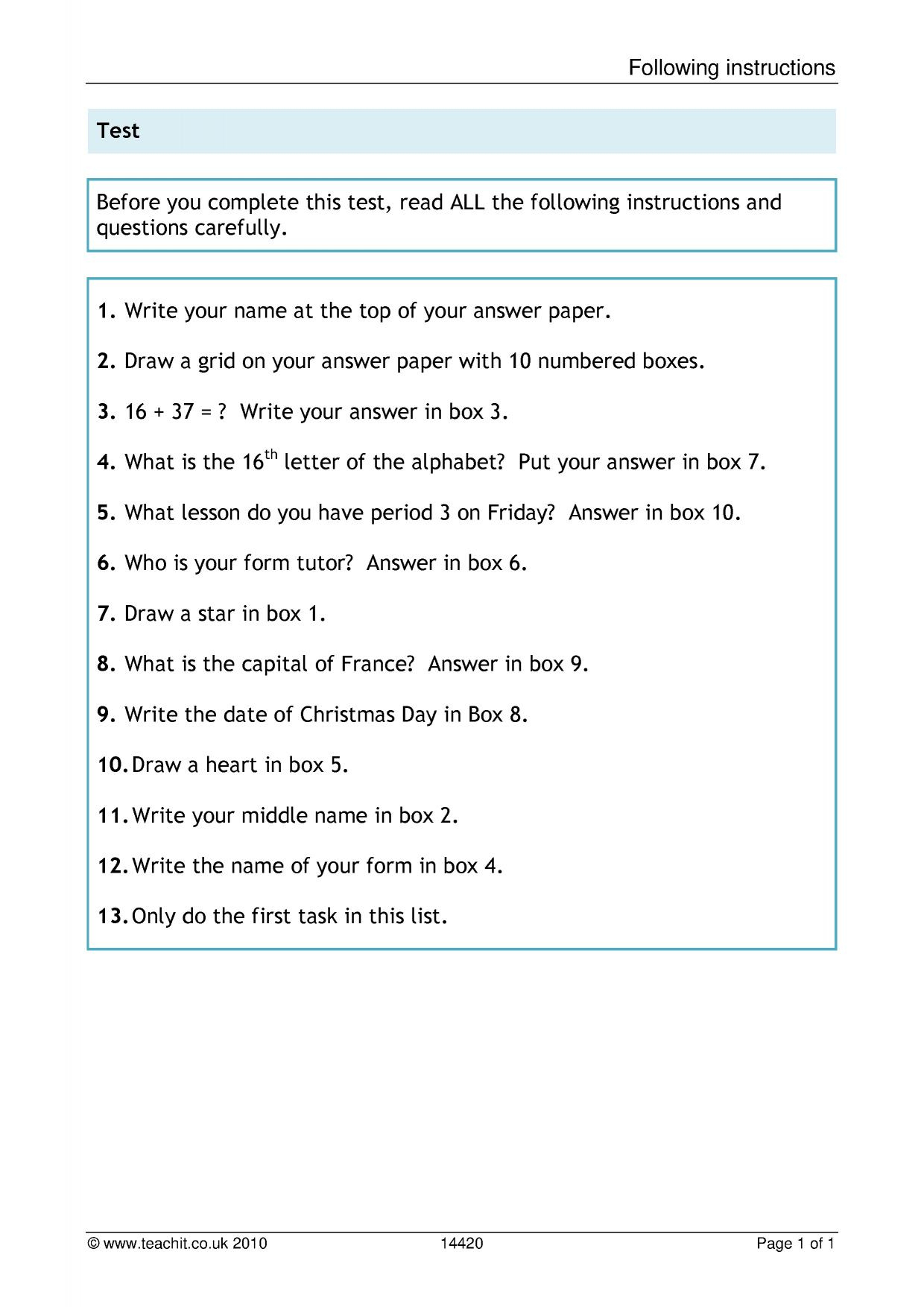 Following Instructions Activity | Ks3 English | Teachit | Ks3 English Worksheets Printable