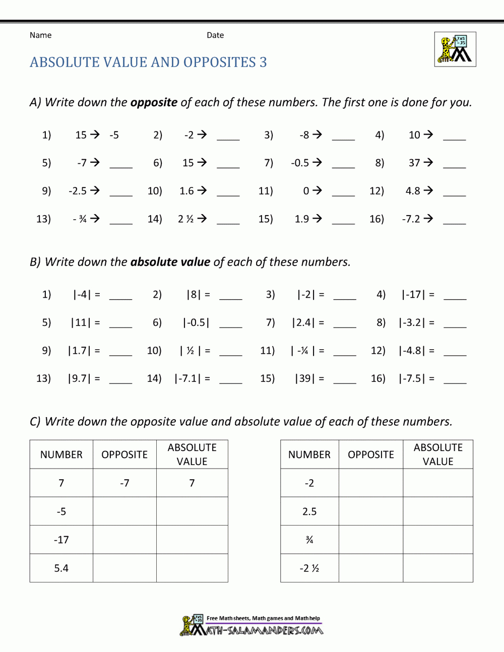 Free Absolute Value Free Printables, Download Free Absolute Value | Absolute Value Printable Worksheets