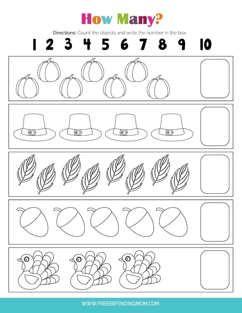 Free Preschool Printable Worksheets: Thanksgiving Math | Thanksgiving Counting Worksheets Kindergarten