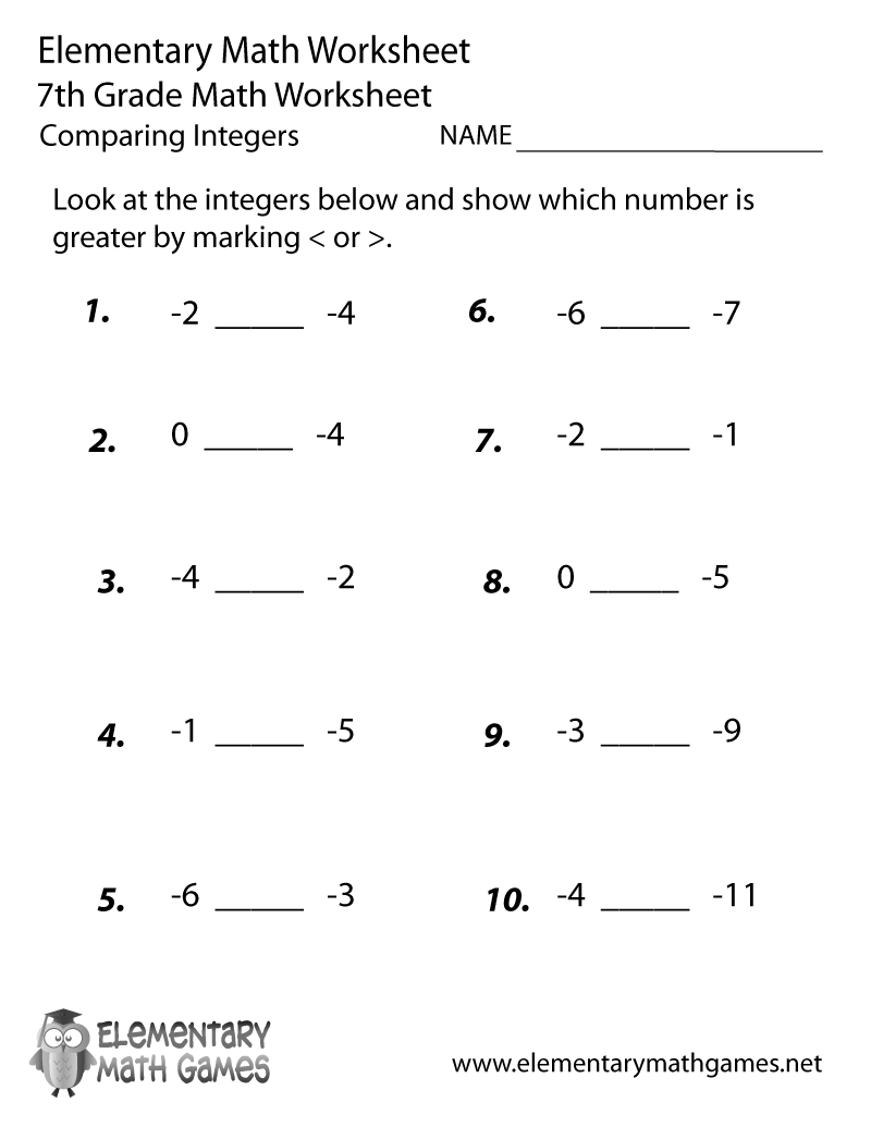 Free Printable Comparing Integers Worksheet For Seventh Grade | Free Printable Integer Worksheets Grade 7