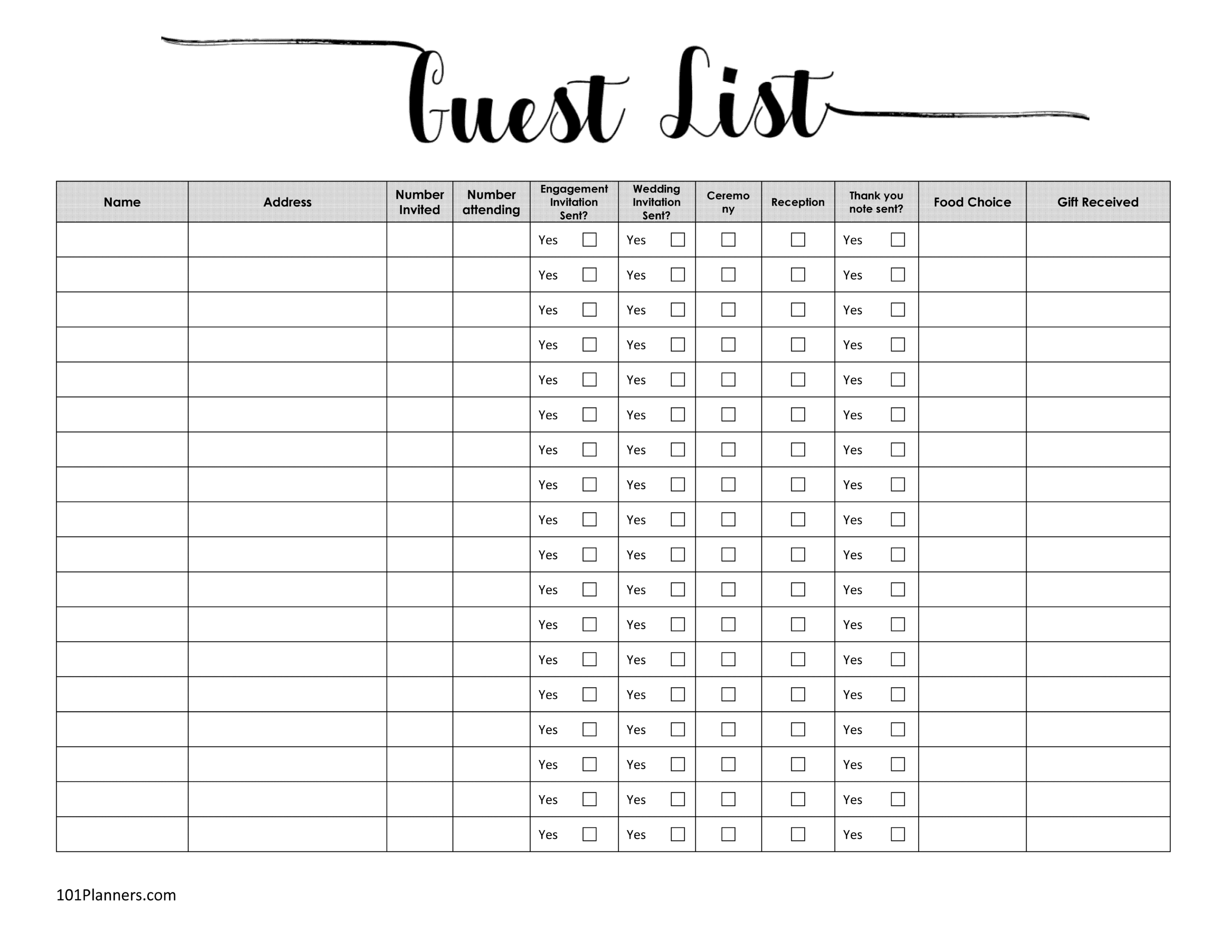 Free Printable Guest List Template | Customize Online | Printable Wedding Guest List Worksheet