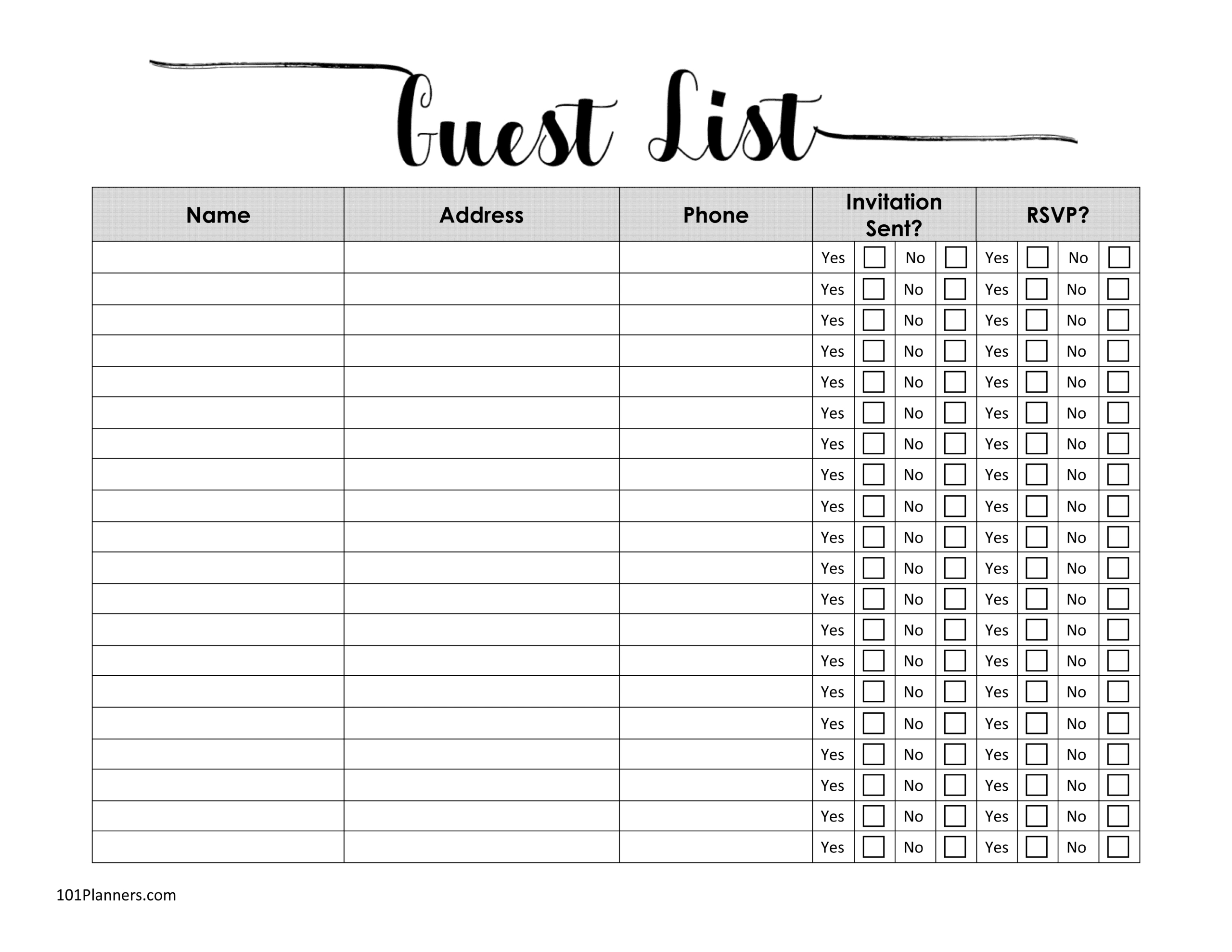 Free Printable Guest List Template | Customize Online | Wedding Guest List Worksheet Printable
