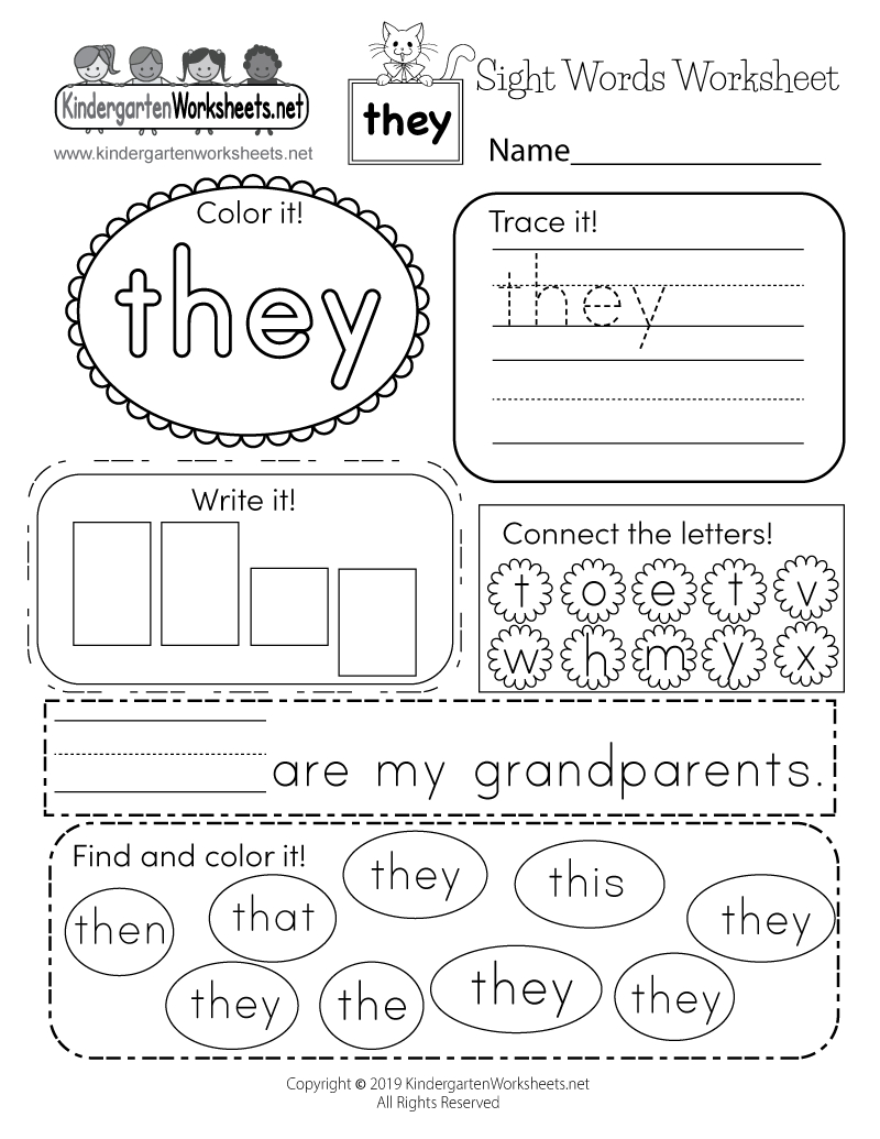 Free Printable Sight Word “They” Worksheet | Kindergarten Sight Words Free Printable Worksheets