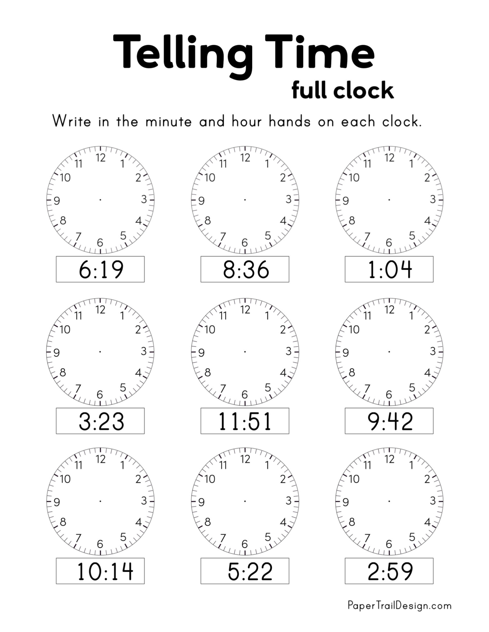 Free Printable Telling Time Worksheets - Paper Trail Design | Printable Clock Worksheets For 3Rd Grade