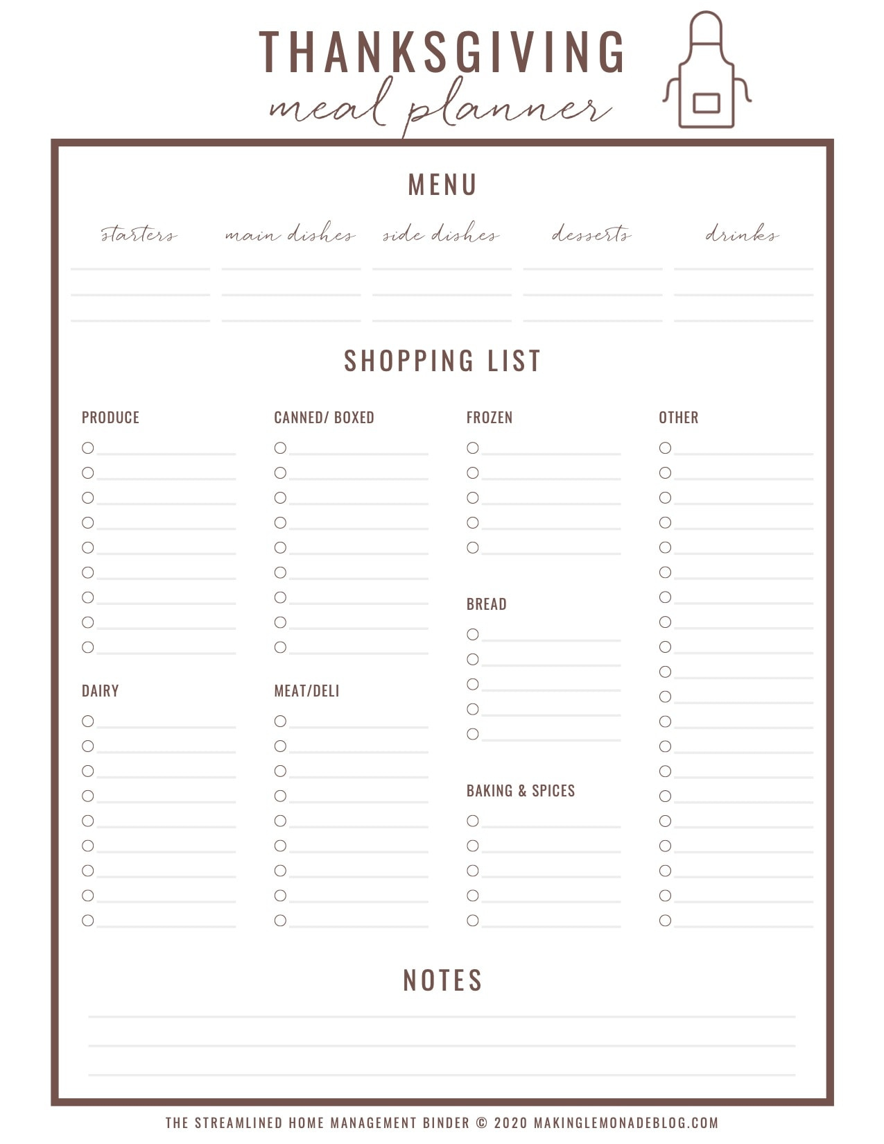 Free Printable Thanksgiving Menu Planner &amp;amp; Checklist - Making Lemonade | Thanksgiving Menu Worksheet