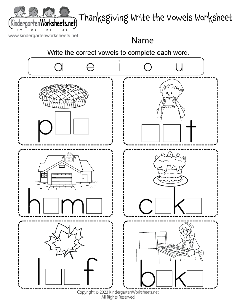 Free Printable Thanksgiving Write The Vowels Worksheet | Printable Thanksgiving Worksheets For Kindergarten