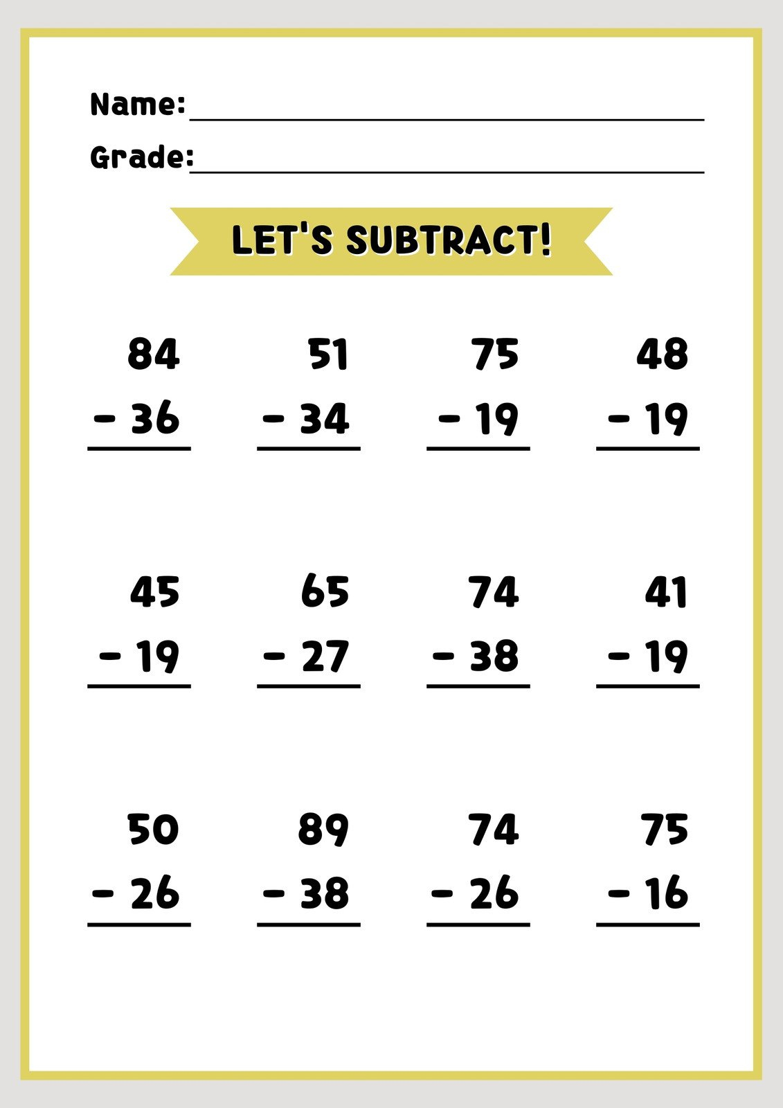 Free Subtraction Worksheet Templates To Edit And Print | Canva | 2Nd Grade Math Subtraction Printable Worksheets