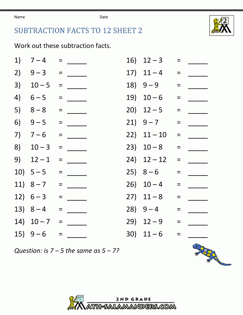 Free Subtraction Worksheets To 12 | 2Nd Grade Math Subtraction Printable Worksheets