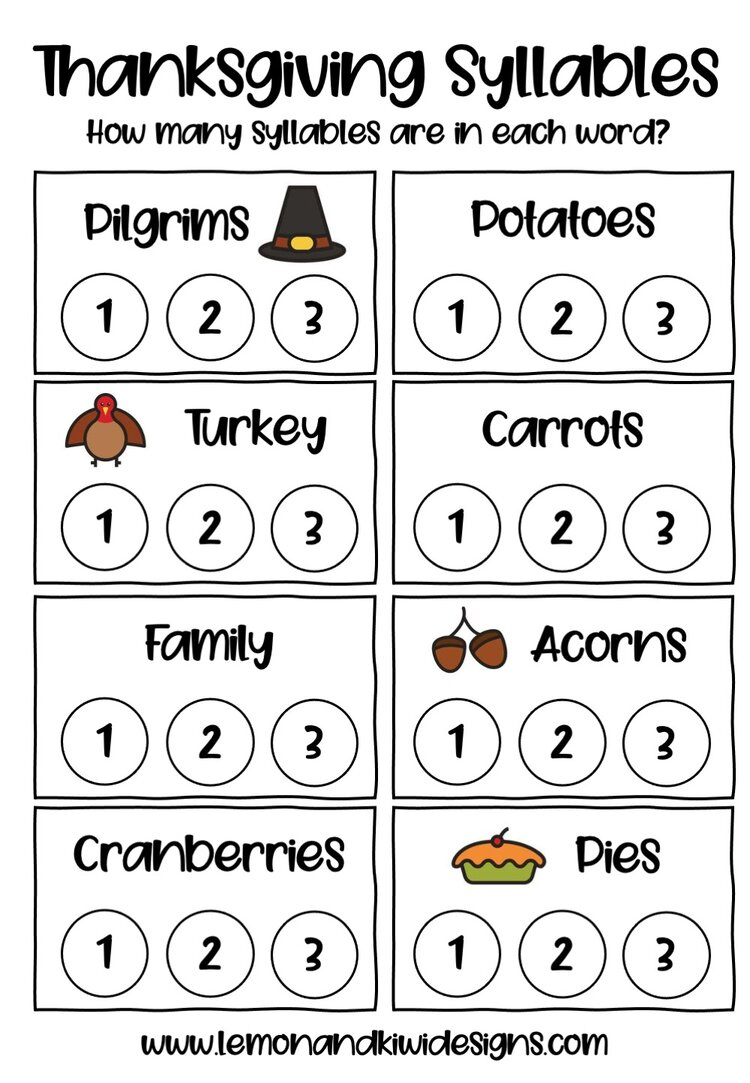 free thanksgiving literacy printables lemon and kiwi designs thanksgiving syllables worksheet Free Thanksgiving Literacy Printables - Lemon And Kiwi Designs | Thanksgiving Syllables Worksheet