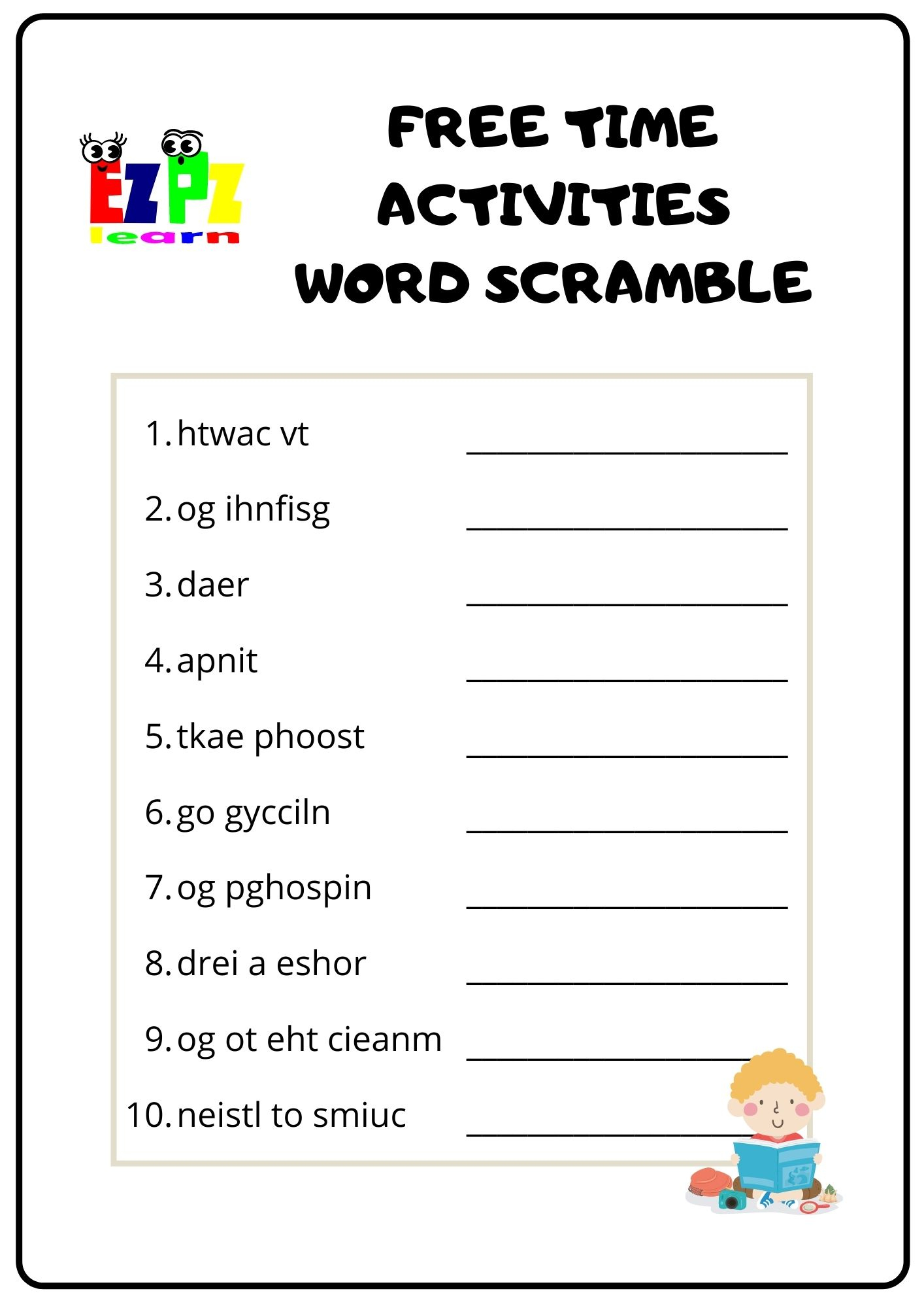 Free Time Activities Word Scramble - Ezpzlearn | Word Scramble Printable Worksheets