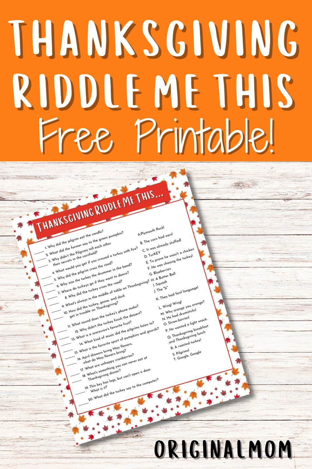Fun Thanksgiving Riddle Me This Free Printable - Originalmom | Thanksgiving Riddles Worksheet