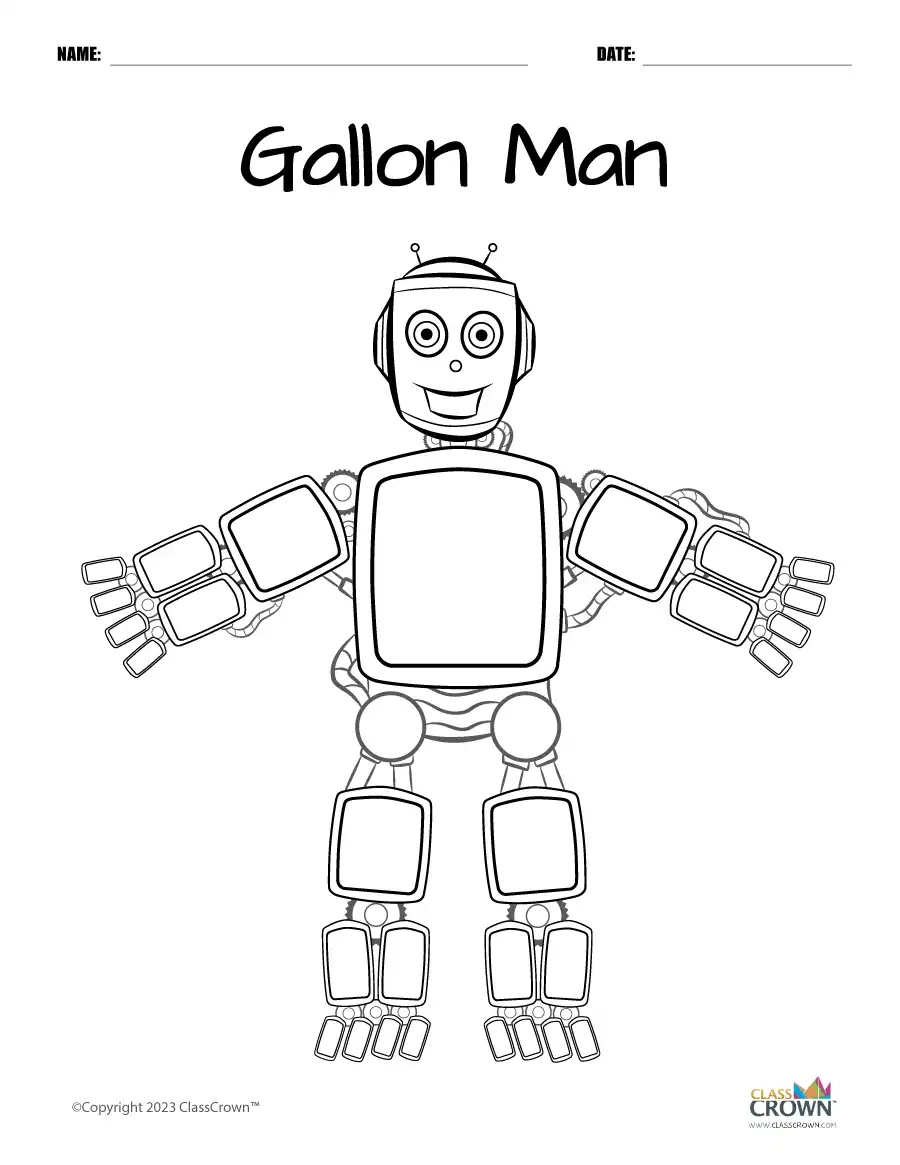Gallon Man Chart (B&amp;amp;W, Blank) - Chart | Classcrown | Gallon Man Printable Worksheet