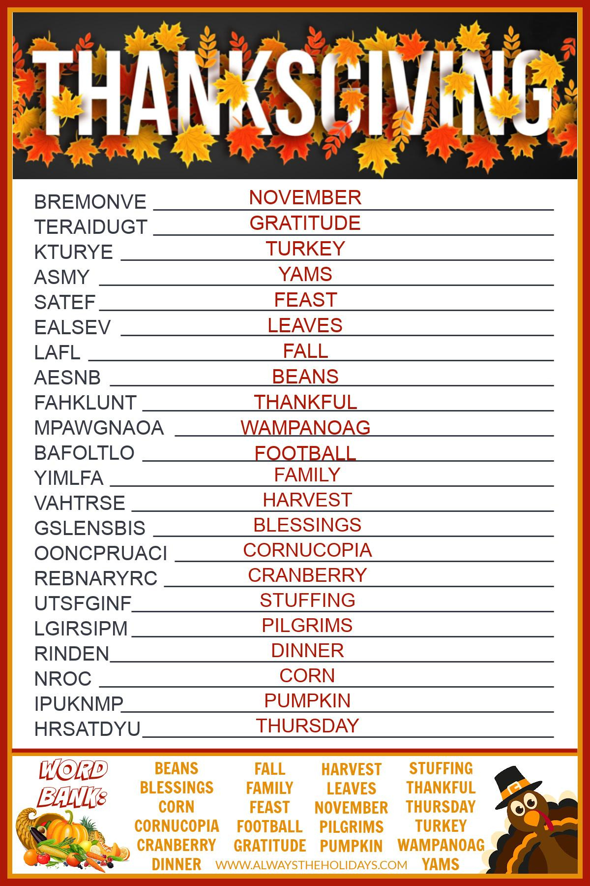Get A Free Printable Thanksgiving Word Scramble With Answers | Thanksgiving Word Scramble Worksheet Answers