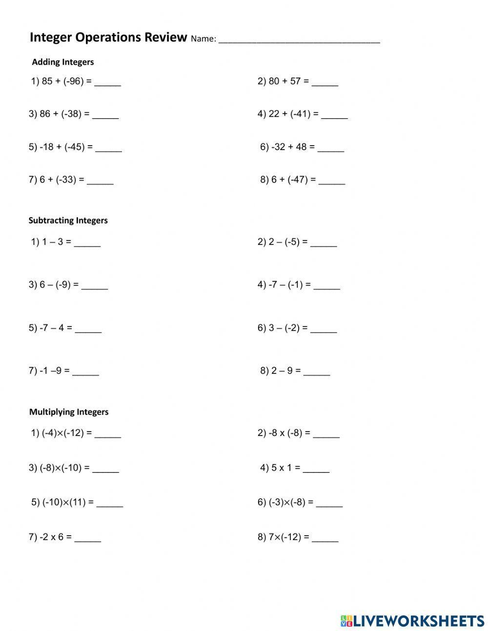 Grade Seven Integers Worksheet Worksheet | Live Worksheets | Free Printable Integer Worksheets Grade 7