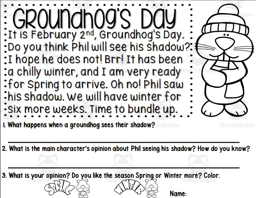 Groundhog&amp;#039;S Day Reading Comprehensionteach Simple | Free Printable Groundhog Day Reading Comprehension Worksheets