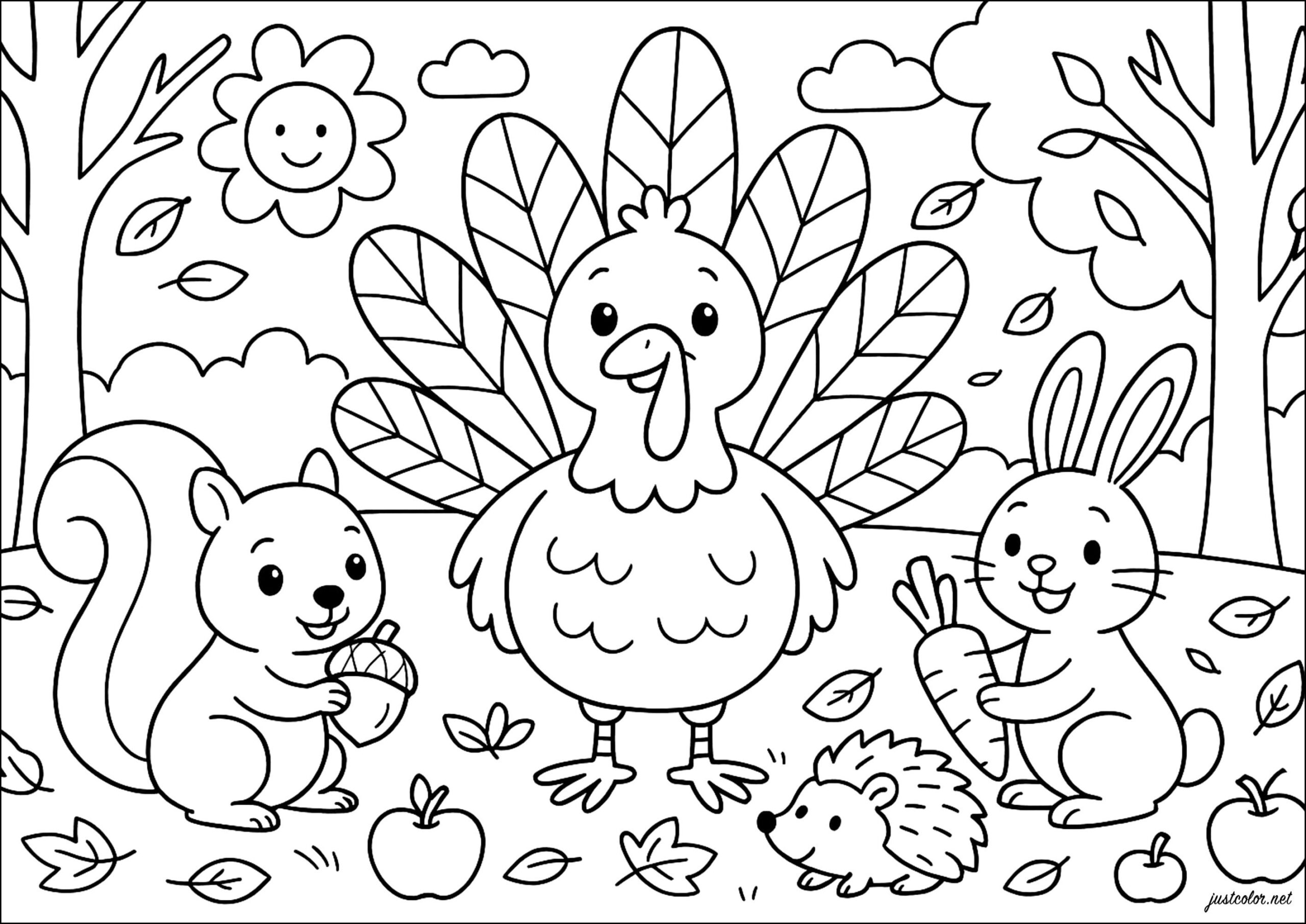 Happy Turkey And His Autumn Friends - Thanksgiving Coloring Pages | Coloring Worksheets For Thanksgiving