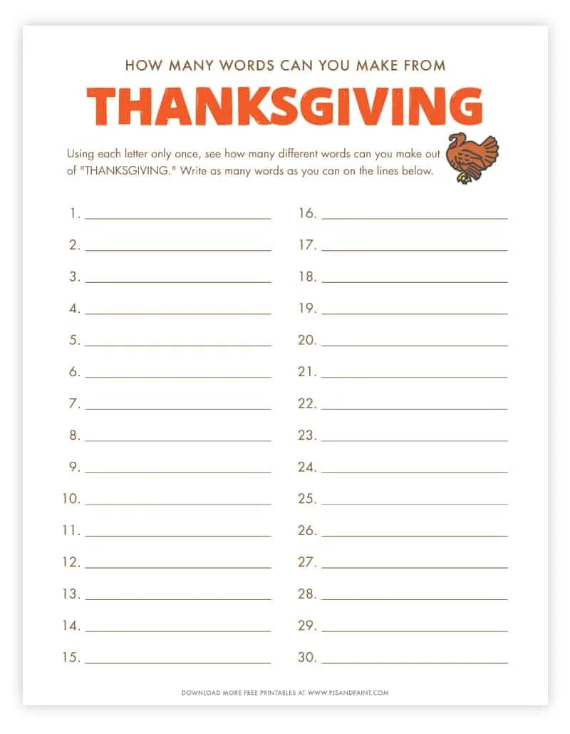 How Many Words Can You Make Out Of Thanksgiving - Free Printable | How Many Words Can You Make From Thanksgiving Worksheet