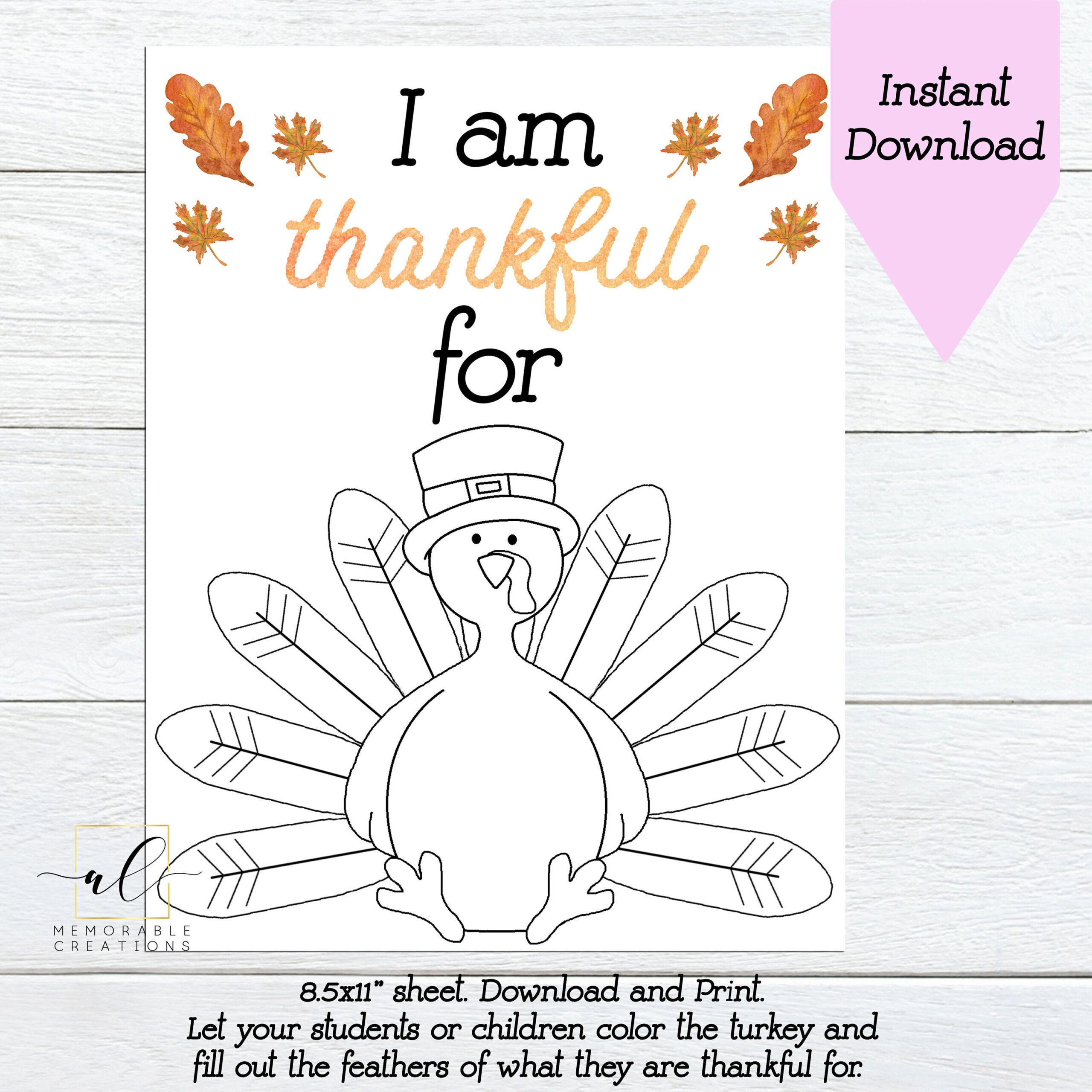 I Am Thankful For Turkey Printable, Kids Thanksgiving Activity, I | I Am Thankful For Thanksgiving Worksheets