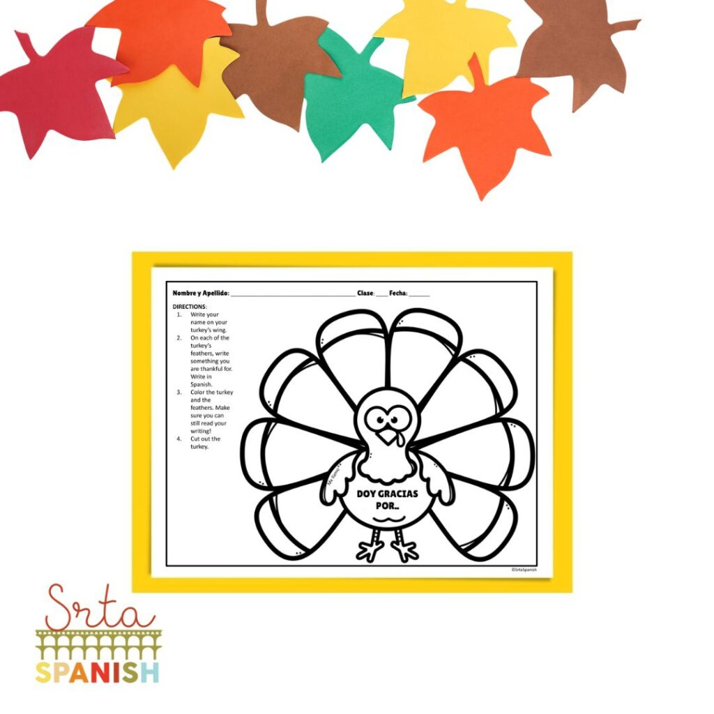I Am Thankful Turkey Printable Spanish Class Craft Template - Srta | Free Printable Spanish Thanksgiving Worksheets
