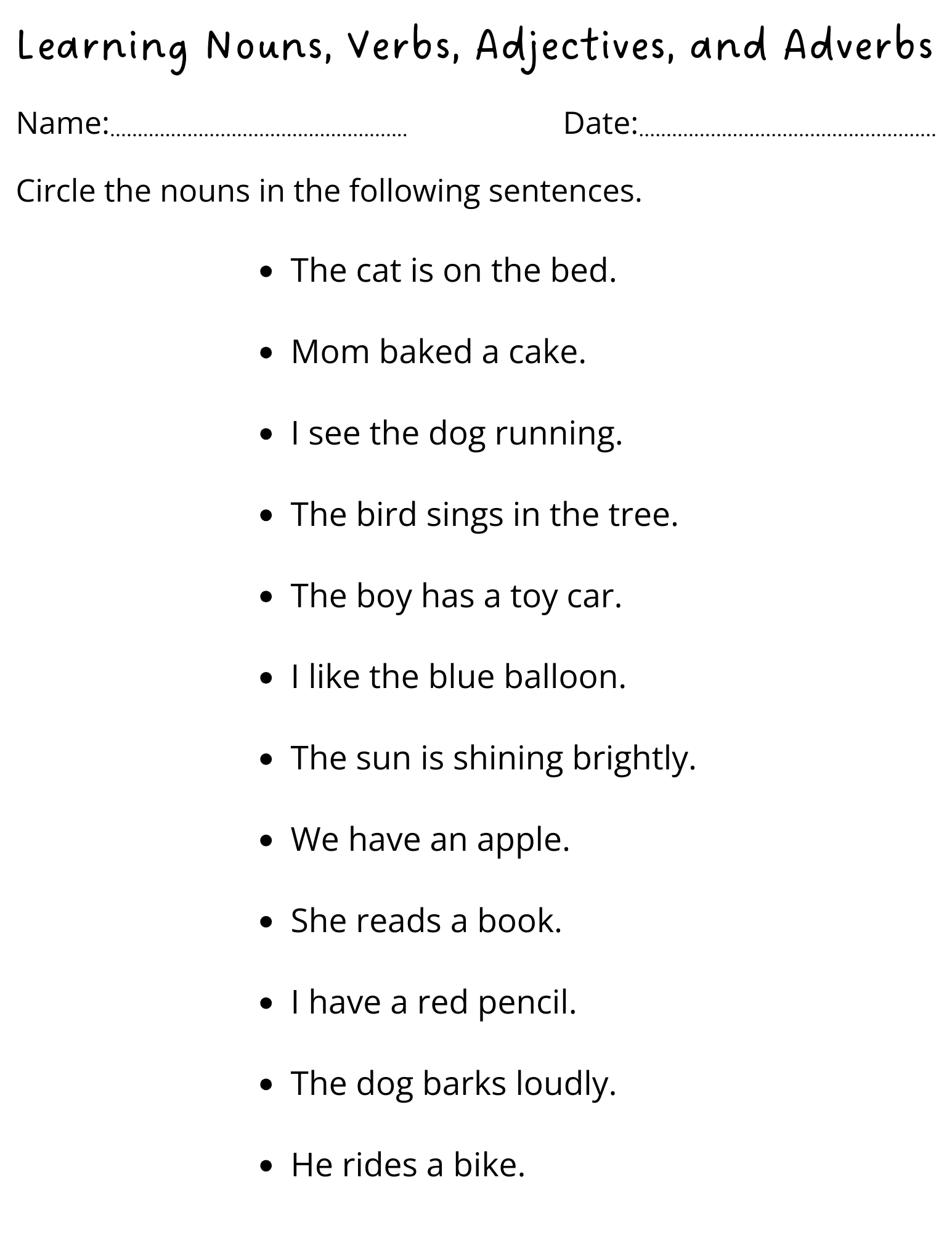 Identifying Nouns, Verbs And Adjectives In Sentences Worksheets | Free Printable Worksheets On Nouns Verbs Adjectives