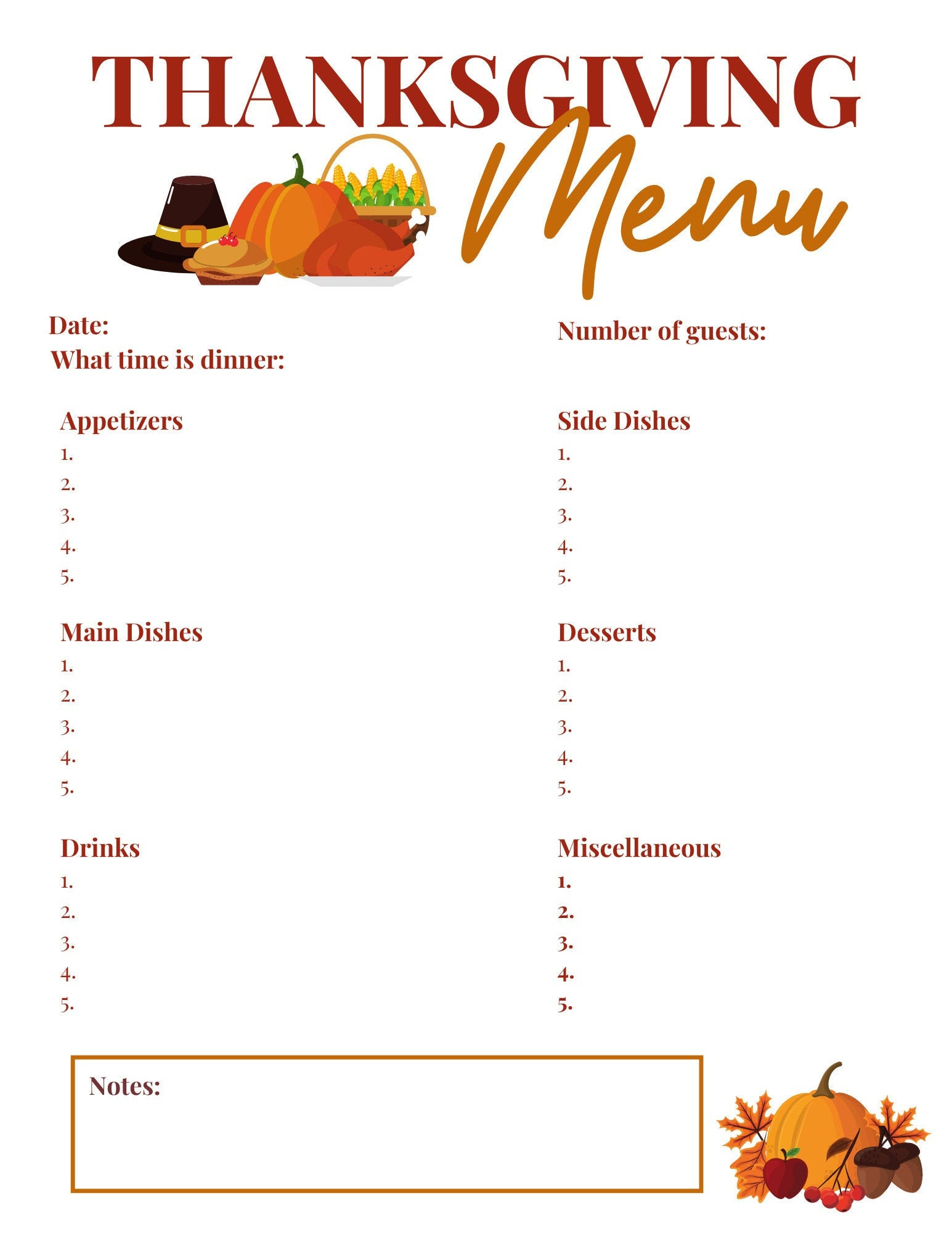 Instant Download Thanksgiving Menu And Shopping List, Thanksgiving | Thanksgiving Menu Worksheet