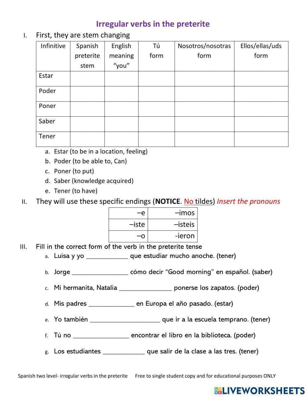 Irregular Preterite Verbs Worksheet | Live Worksheets - Worksheets | Spanish Preterite Worksheets Printable