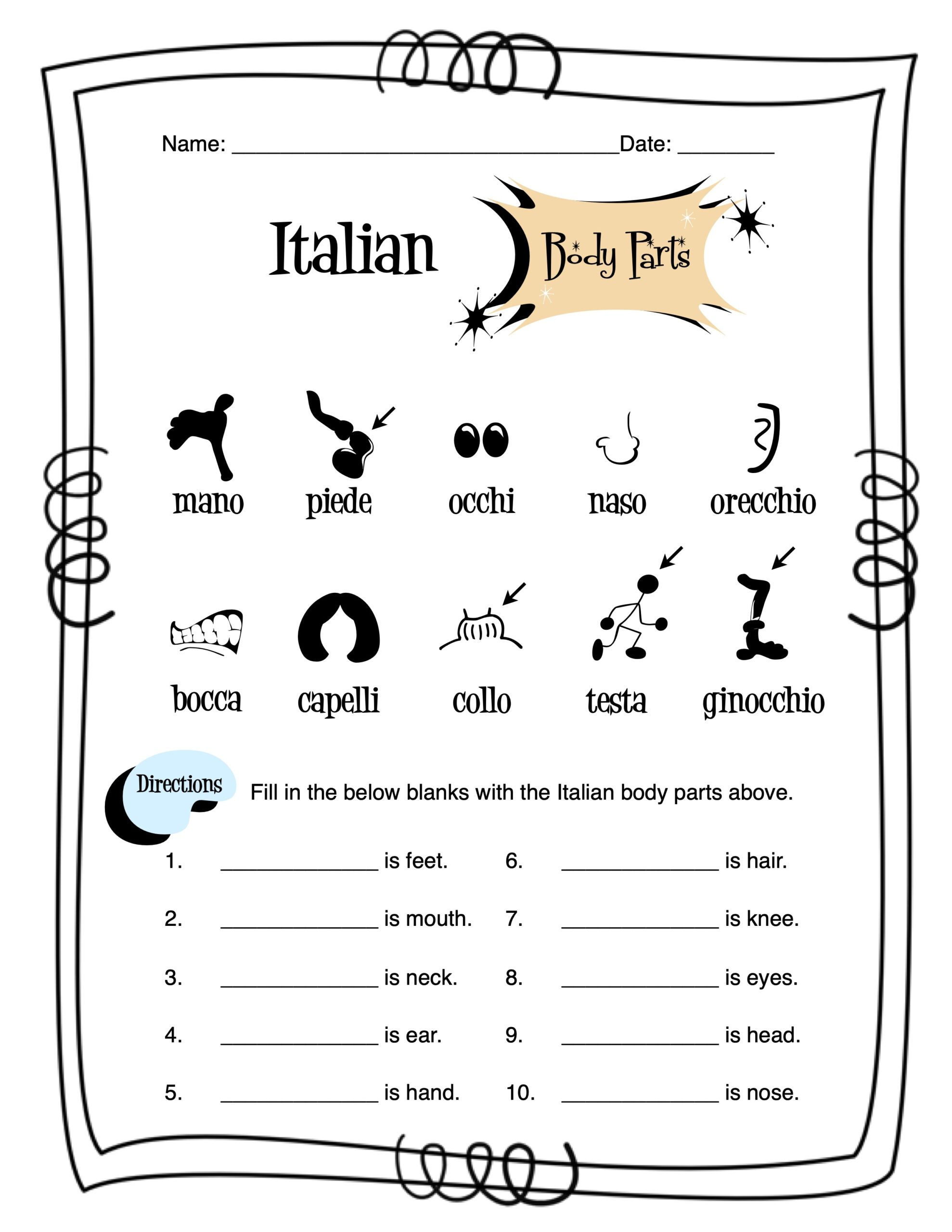 Italian Body Parts Worksheet Packet | Madeteachers | Printable Italian Worksheets