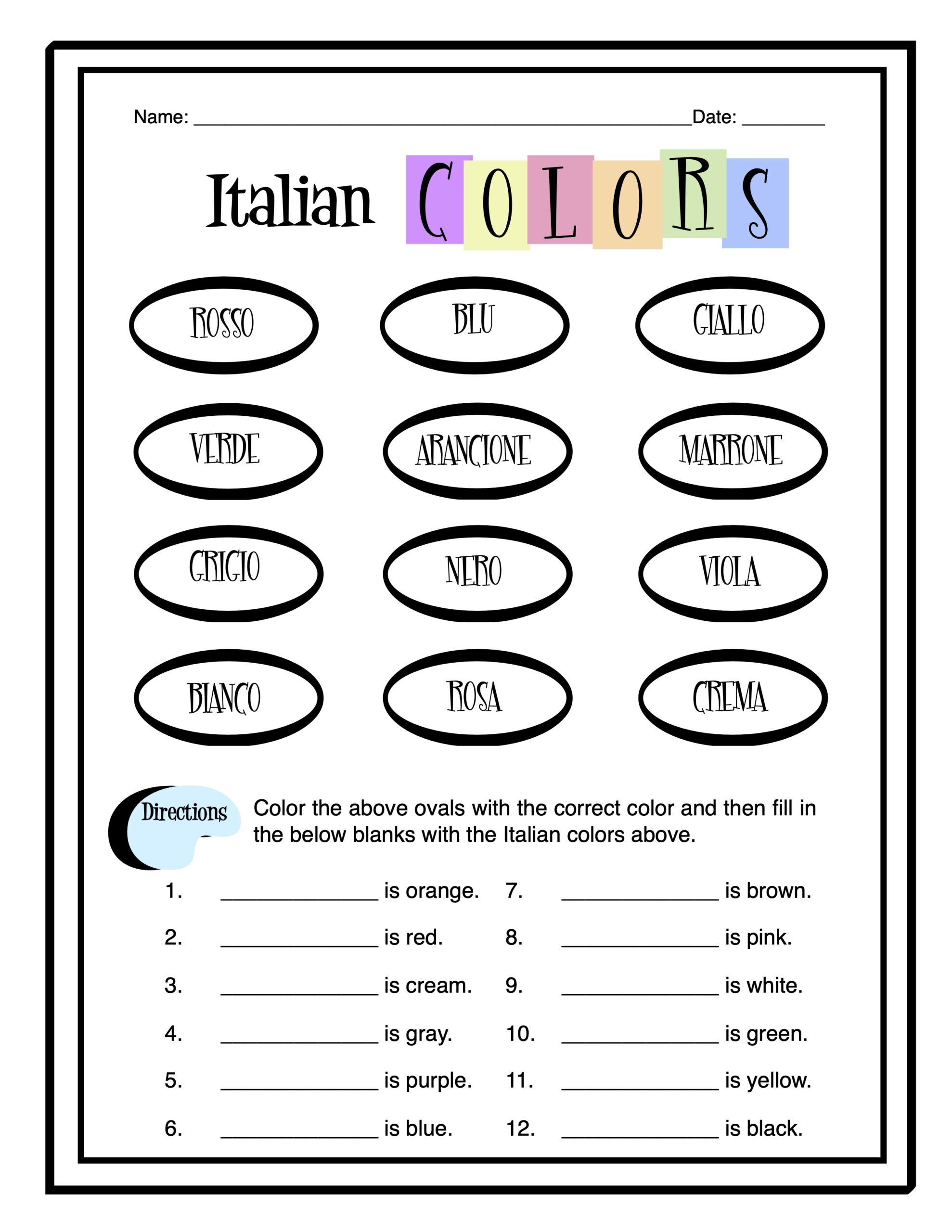 Italian Colors Worksheet Packet | Madeteachers | Printable Italian Worksheets