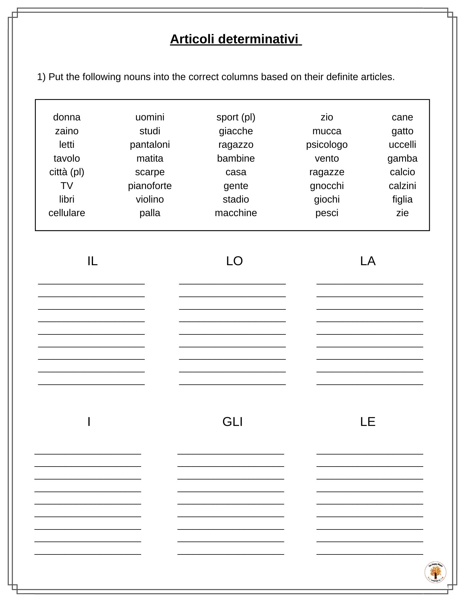 Italian Definite Articles Worksheets - Articoli Determinativi | Printable Italian Worksheets