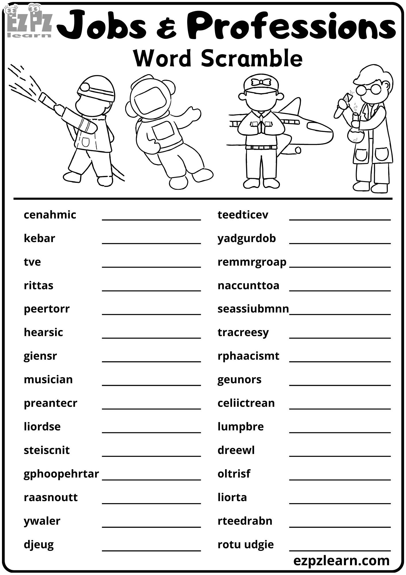 Jobs And Professions Word Scramble 30 Word Activity Free Printable | Word Scramble Printable Worksheets