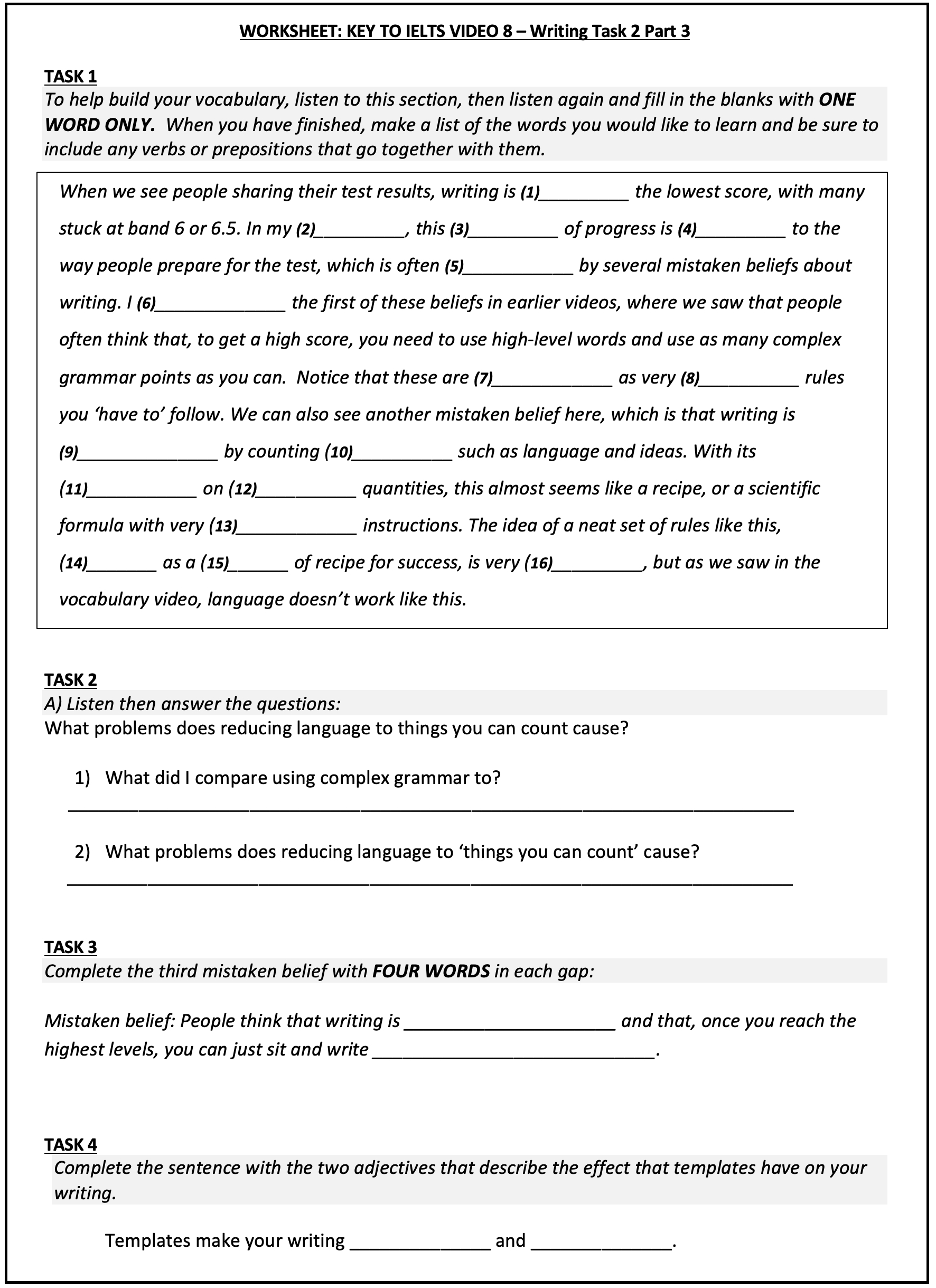 Key To Ielts Writing Task 2 (Part 3) – Worksheet And Video Link | Ielts Printable Worksheets