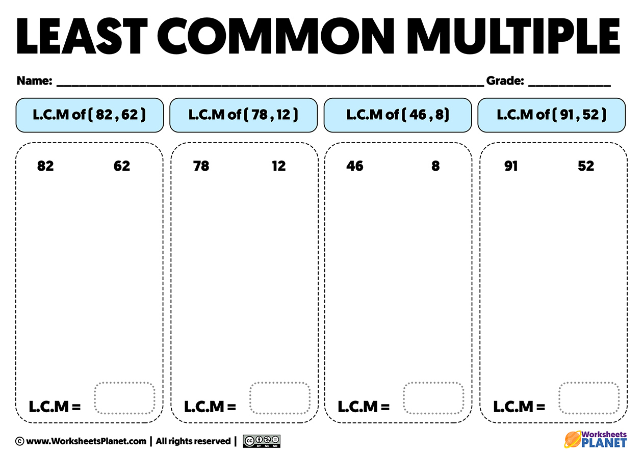 Least Common Multiple Exercises | L.c.m Worksheets | Least Common Multiple Worksheet Free Printable
