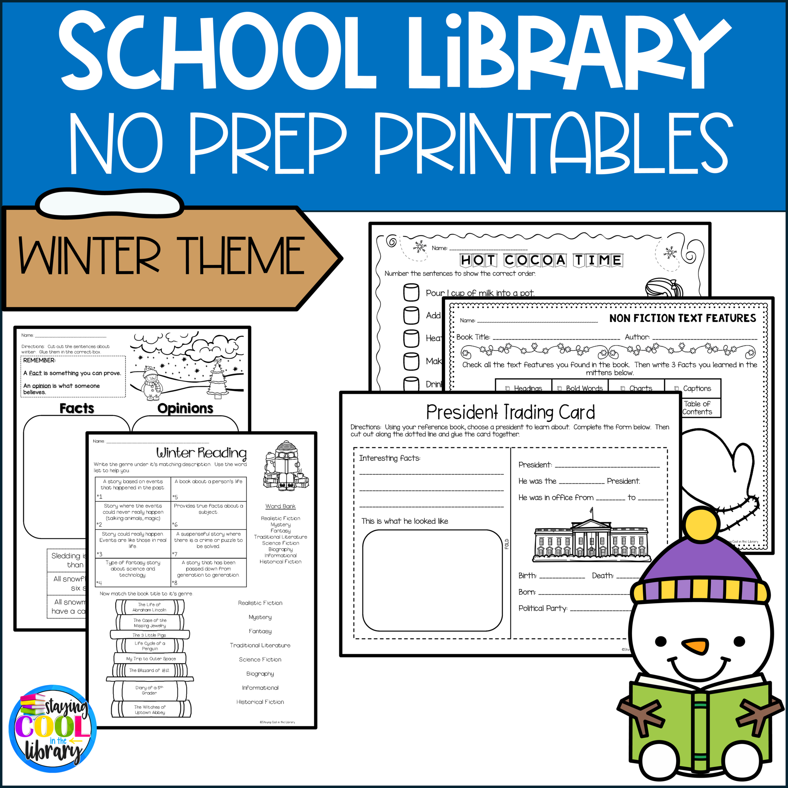 Library No Prep Printables - Winter Theme | Free Library Skills Printable Worksheets