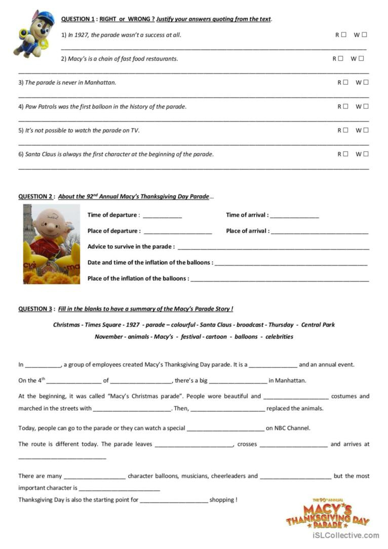 Macy&amp;#039;S Thanksgiving Day Parade: English Esl Worksheets Pdf &amp;amp; Doc | Macy&amp;amp;#039;s Thanksgiving Day Parade Worksheet