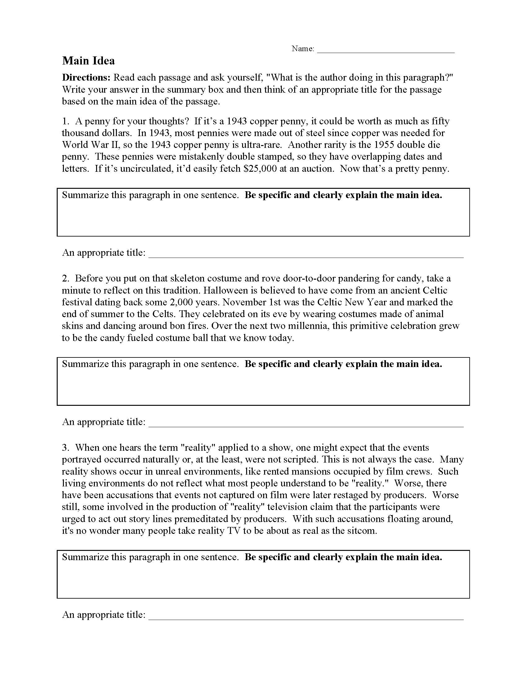 Main Idea Worksheets | Ereading Worksheets | Free Printable Main Idea Worksheets