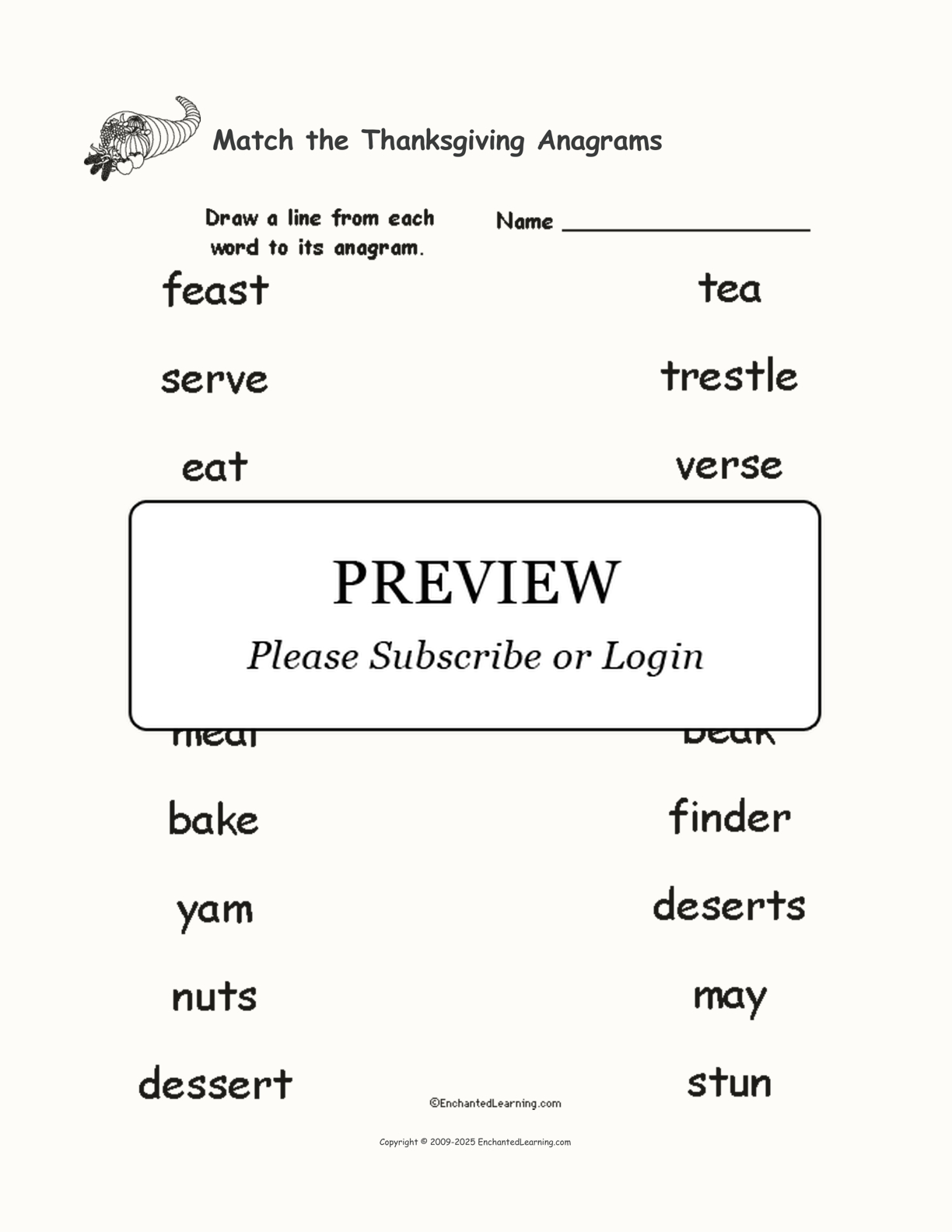 Match The Thanksgiving Anagrams - Enchanted Learning | Thanksgiving Anagrams Worksheet Answers