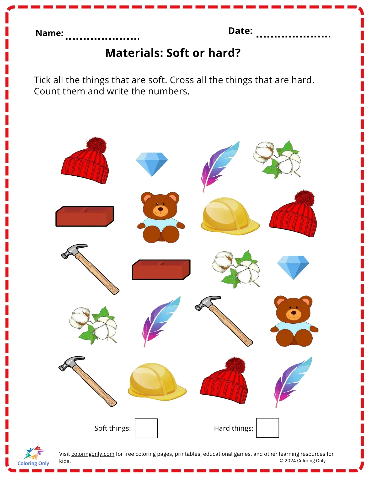 Materials: Soft Or Hard Free Printable Worksheet | Hard And Soft Objects Printable Worksheets