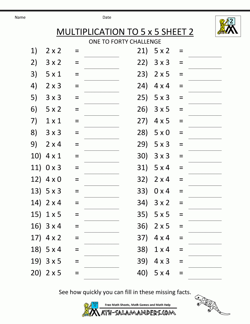 Multiplication To 5X5 Worksheets For 2Nd Grade | Math Facts Worksheets Multiplication Printable