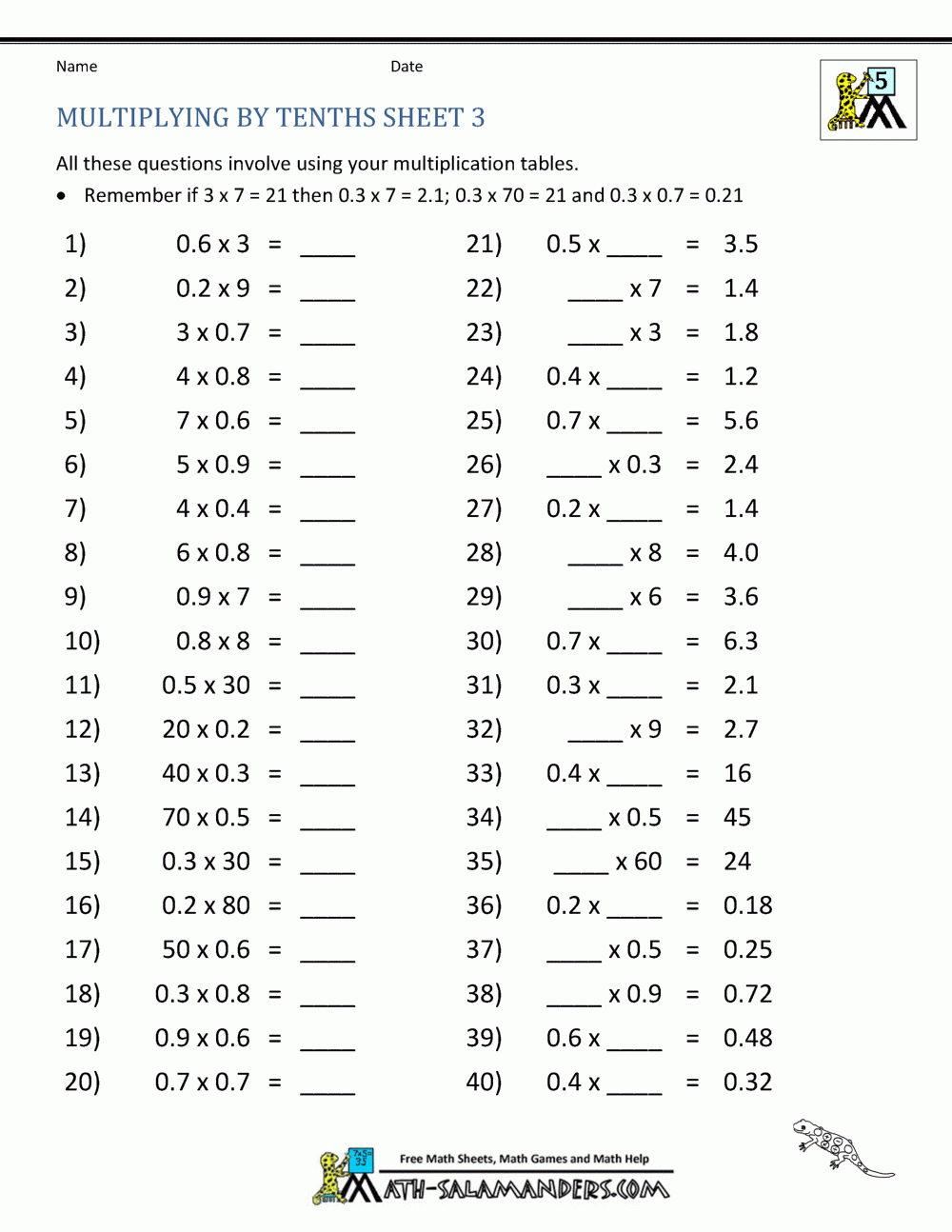 Multiplying Decimalswhole Numbers | Multiplying Decimals Free Printable Worksheets
