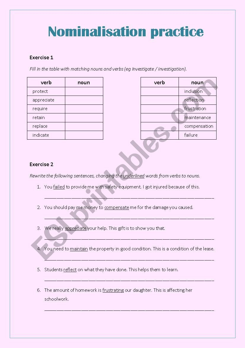 nominalisation practice esl worksheetibululu nominalisation worksheets printable Nominalisation Practice - Esl Worksheetibululu | Nominalisation Worksheets Printable